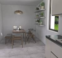 Ebédlő egy családi házban dekoratív polcokkal, ablakkal és étkezőasztallal.