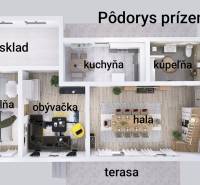 A földszinti alaprajz egy családi házhoz konyhával, nappalival, tárolóval és fürdőszobával.