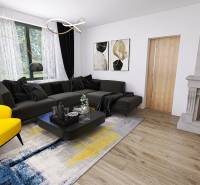 Modern nappali családi házban kandallóval, kanapéval és fa dekorációjú padlóval.