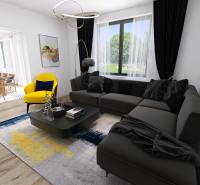 Nappali családi házban kanapéval, sárga fotellel és étkezőasztallal, fa dekorációjú padlóval.