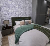 Hálószoba virágmintás tapétával, ággyal és fa dekoros padlóval.