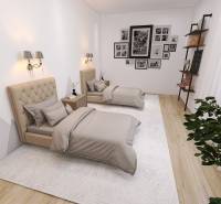 Hálószoba családi házban két ággyal, képekkel és fa dekorációjú padlóval.