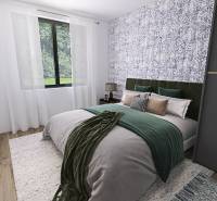 Hálószoba családi házban, ággyal, tapétával és fa dekorációjú padlóval.