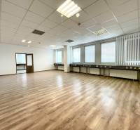 Világos irodák fa hatású padlóval és mennyezeti lámpákkal.