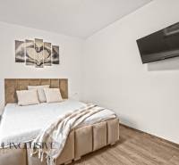 Hálószoba családi házban kényelmes ággyal, televízióval és fa dekoros padlóval.