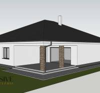 Családi ház látványterve Bajcsban sötét tetővel és terasszal.