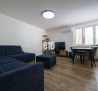 Nappali egy háromszobás lakásban kanapéval, televízióval és fa dekorációjú padlóval.