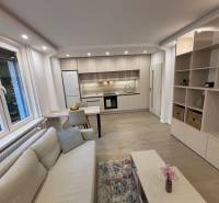 Nappali konyhával és fa dekoros padlóval egy kétszobás lakásban.