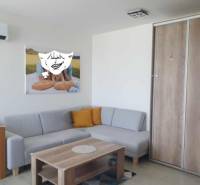 Nappali szürke kanapéval, fa mintázatú padlóval egy kétszobás lakásban.