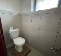 WC családi házban ablakkal és világos csempékkel a falakon.