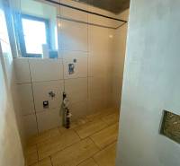 Fürdőszoba családi házban fa mintázatú padlóval és burkolattal.