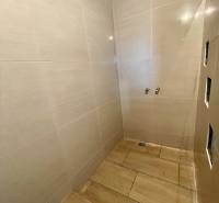 Fürdőszoba családi házban, csempézett falakkal és fa dekoros padlóval.