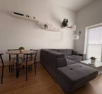 Nappali sötétszürke kanapéval és fa mintázatú padlóval egy kétszobás lakásban.