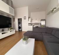 Nappali nagy kanapéval, fa dekoros padlóval és televízióval egy kétszobás lakásban.