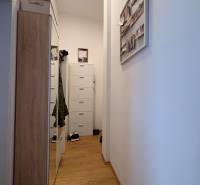 Keskeny folyosó egy kétszobás lakásban, fa dekorációjú padlóval és gardróbbal.