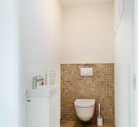 WC mosdóval, világos színű falakkal és csempével családi házban.