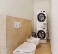 Fürdőszoba családi házban mosógéppel, szárítógéppel, bidével és WC-vel.