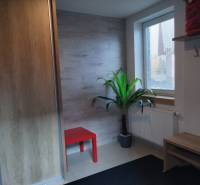 Egy kunyhó belseje piros asztallal, növénnyel, radiátorral és fa dekorációval ellátott fallal.