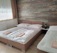 Szoba egy faházban két ággyal, fa falakkal és fa dekorációjú padlóval.