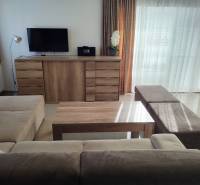 Nappali egy házikóban kanapéval, komódon lévő TV-vel és fa dekorációjú padlóval.