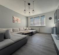 Nappali egy háromszobás lakásban kanapéval és fa dekorációjú padlóval.