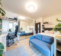 A családi ház fa dekorációjú padlót, kék kanapét és dolgozósarkot kínál.