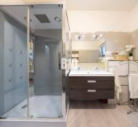 Családi ház fürdőszobája fa dekor padlóval, zuhanyzóval és tükörrel.