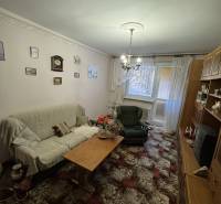 Nappali egy háromszobás lakásban szőnyeggel, kanapéval és fa bútorokkal.