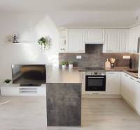 Nappali konyhasarokkal, világos padló fa dekorral egy kétszobás lakásban.