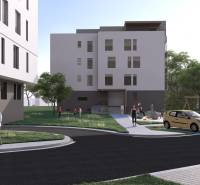 Épület Galántán, környék emberekkel, autókkal és játszótérrel, 2 szobás lakás kínálata.