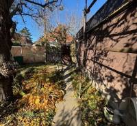 Keskeny kert Pozsonyban - Ruzsinovban, a Közép utcában, járdával és fákkal.