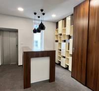 Irodák fa elemekkel, lifttel, modern világítással és sötét padlóval fa dekorációval.