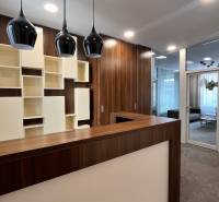 Recepció fa dekorációval és modern világítással a Radlinského utcai irodákban.