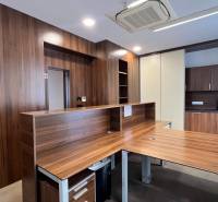 Iroda fa dekorral ellátott padlóval és konyhasarokkal, széles fa pult.