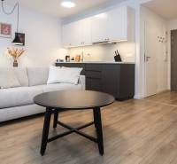 Nappali konyhasarokkal egy szobás lakásban, fa dekorációjú padlóval.