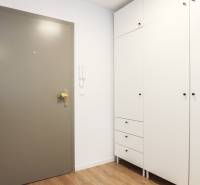 Előszoba egy egyszobás lakásban fehér szekrénnyel és fa dekoros padlóval.