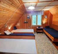 Faház belső tér három egyszemélyes ággyal és tájképpel.