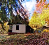 Ház az őszi erdőben a Tále utcában, Bystrán, színes fákkal körülvéve.