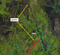 Lúčky kataszteri térkép, mezőgazdasági és erdőterületek kiemelt útvonallal.