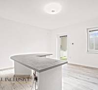 Családi ház belső tere pulttal és fa dekorációjú padlóval.