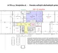 Az üzlethelyiségek alaprajza Eperjesen, a Gépészeti utcában, különböző helyiségméretekkel.