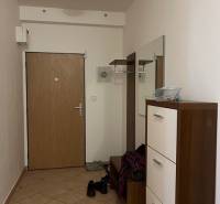 Előszoba egy háromszobás lakásban cipősszekrénnyel, fogasokkal és tükörrel. Kerámia csempe padló.