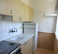 Konyha egy egyszobás lakásban fa szekrényekkel, tűzhellyel és fehér hűtőszekrénnyel.