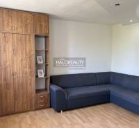 Kanapé és fa szekrény egy egyszobás lakásban parkettás padlóval.