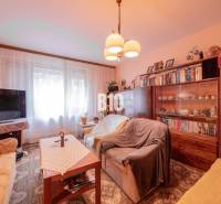 Nappali egy kétszobás lakásban kárpitozott kanapéval és szekrénysorral.