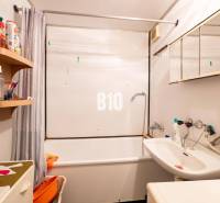 Fürdőszoba egy kétszobás lakásban káddal és tisztítószerekkel ellátott polccal.