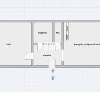 2 szobás lakás alaprajza: szoba, előszoba, fürdőszoba, WC, konyha nappalival.