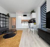 Nappali sarokkanapéval és fa dekor padlóval egy kétszobás lakásban.