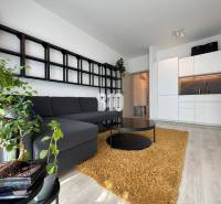 Nappali egy kétszobás lakásban kanapéval, asztallal és fa dekorációjú padlóval.