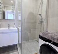 Fürdőszoba egy kétszobás lakásban mosdóval, zuhanyzóval és mosógéppel.